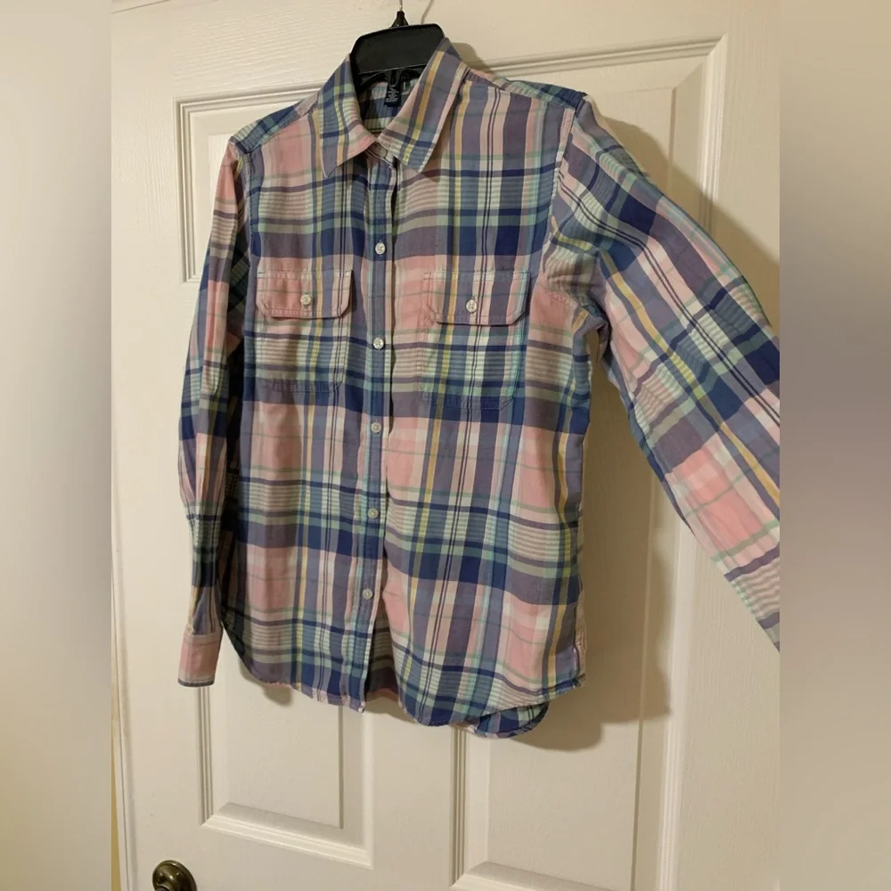 Chaps‎ Denim Pink and Blue Plaid Collared Long Sleeve Button Down Shirt Large